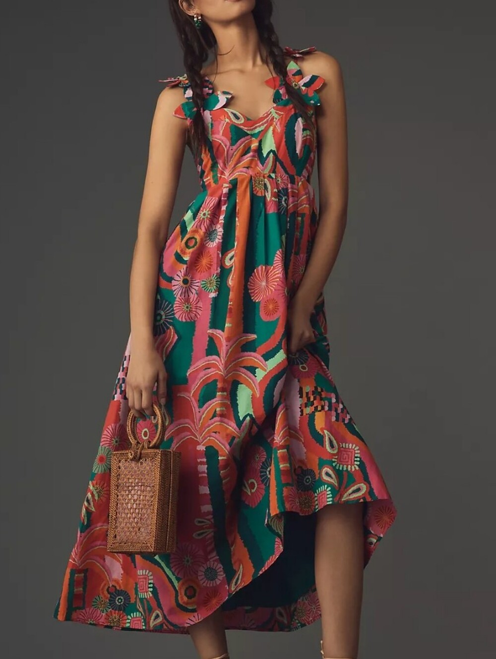 Farm Rio x Anthropologie Pleated Palm Midi Dress XS Petite Tropical Palm Print